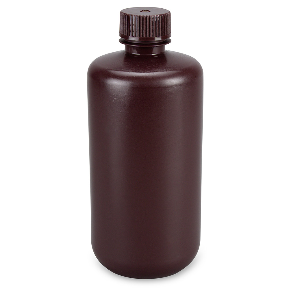 Globe Scientific Bottle, Narrow Mouth, Boston Round, Amber HDPE with Amber PP Closure, 500mL, Bulk Packed with Bottles and Caps Bagged Separately, 125/Case Bottle;Round;HDPE;500mL;Narrow Mouth;Amber